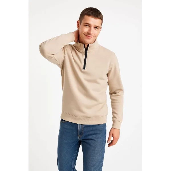 Erkek Dik Yaka Sweatshirt Dik Yaka Yarım Fermuarlı 3 İplik Şardonlu Pamuk Kumaş - Bej