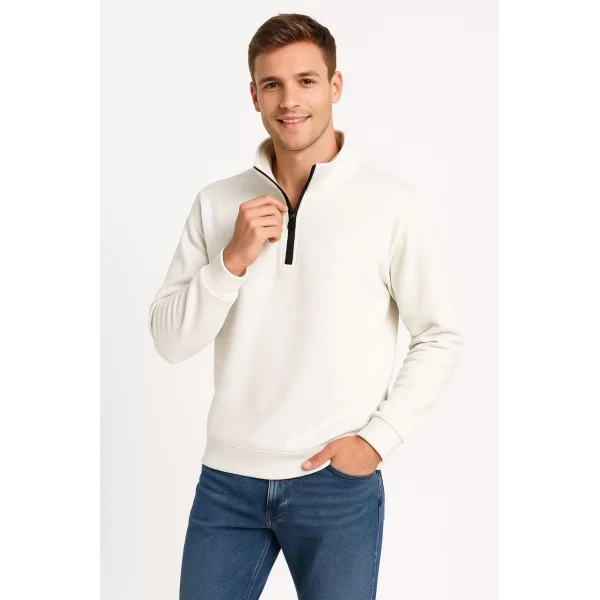 Erkek Dik Yaka Sweatshirt Dik Yaka Yarım Fermuarlı 3 İplik Şardonlu Pamuk Kumaş - Beyaz