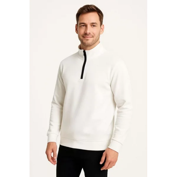 Erkek Dik Yaka Sweatshirt Dik Yaka Yarım Fermuarlı 3 İplik Şardonlu Pamuk Kumaş - Beyaz