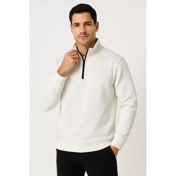 Erkek Dik Yaka Sweatshirt Dik Yaka Yarım Fermuarlı 3 İplik Şardonlu Pamuk Kumaş - Beyaz