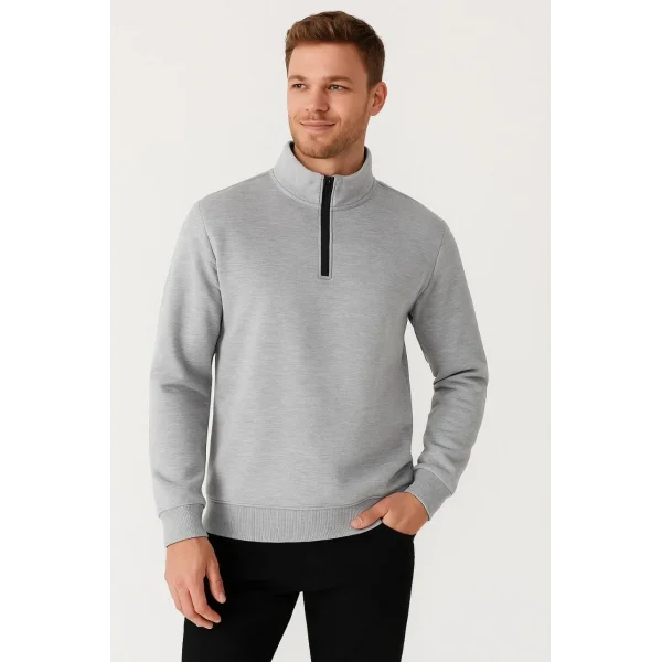Erkek Dik Yaka Sweatshirt Dik Yaka Yarım Fermuarlı 3 İplik Şardonlu Pamuk Kumaş - Gri