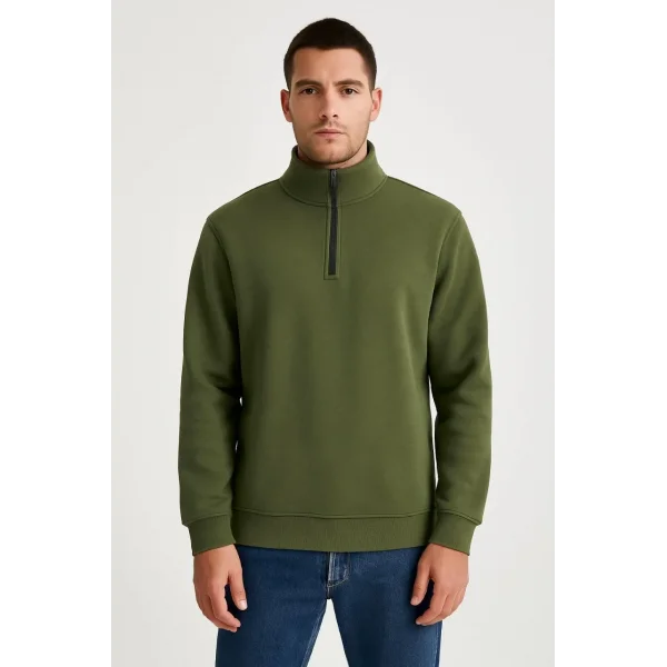 Erkek Dik Yaka Sweatshirt Dik Yaka Yarım Fermuarlı 3 İplik Şardonlu Pamuk Kumaş - Haki