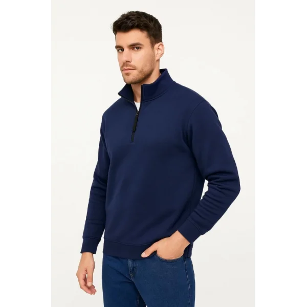 Erkek Dik Yaka Sweatshirt Dik Yaka Yarım Fermuarlı 3 İplik Şardonlu Pamuk Kumaş - Lacivert