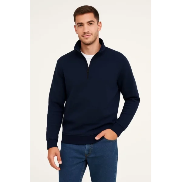 Erkek Dik Yaka Sweatshirt Dik Yaka Yarım Fermuarlı 3 İplik Şardonlu Pamuk Kumaş - Lacivert
