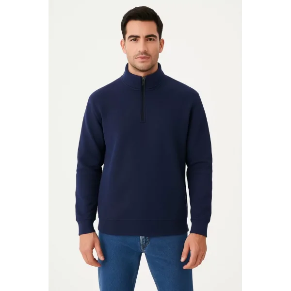 Erkek Dik Yaka Sweatshirt Dik Yaka Yarım Fermuarlı 3 İplik Şardonlu Pamuk Kumaş - Lacivert
