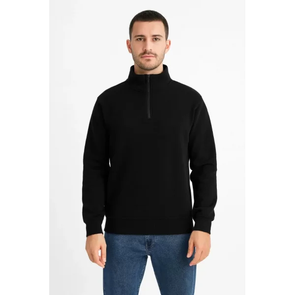 Erkek Dik Yaka Sweatshirt Dik Yaka Yarım Fermuarlı 3 İplik Şardonlu Pamuk Kumaş - Siyah