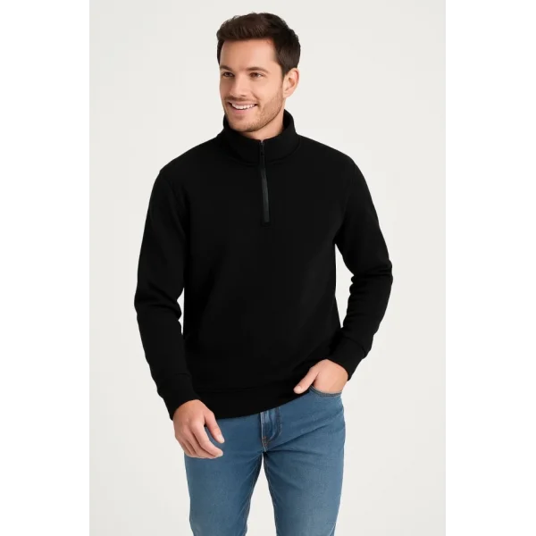 Erkek Dik Yaka Sweatshirt Dik Yaka Yarım Fermuarlı 3 İplik Şardonlu Pamuk Kumaş - Siyah