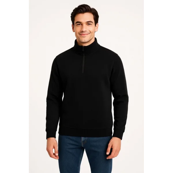 Erkek Dik Yaka Sweatshirt Dik Yaka Yarım Fermuarlı 3 İplik Şardonlu Pamuk Kumaş - Siyah
