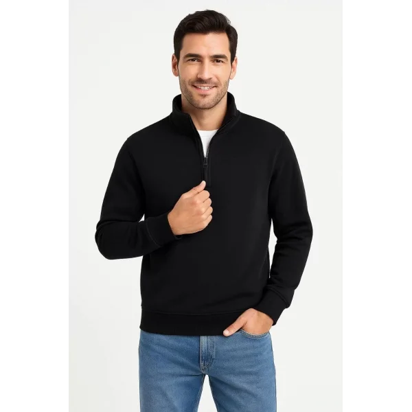 Erkek Dik Yaka Sweatshirt Dik Yaka Yarım Fermuarlı 3 İplik Şardonlu Pamuk Kumaş - Siyah