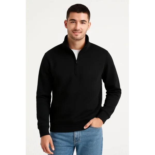 Erkek Dik Yaka Sweatshirt Dik Yaka Yarım Fermuarlı 3 İplik Şardonlu Pamuk Kumaş - Siyah