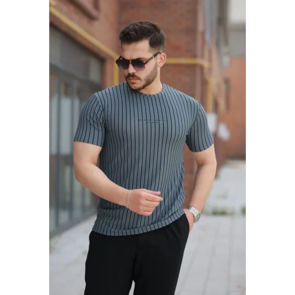 Erkek Dikey çizgili Ottoman Kumaş Kısa Kollu T-shirt