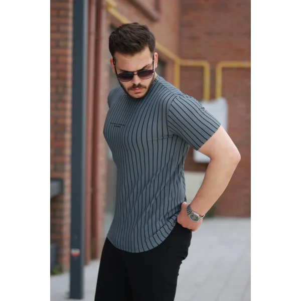 Erkek Dikey çizgili Ottoman Kumaş Kısa Kollu T-shirt