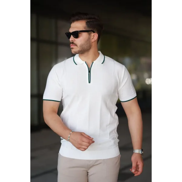 Erkek Dikey Kabartmalı Örgü Dokulu Fermuar Yakalı Tişört