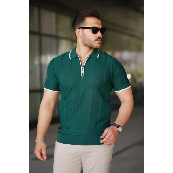 Erkek Dikey Kabartmalı Örgü Dokulu Fermuar Yakalı Tişört