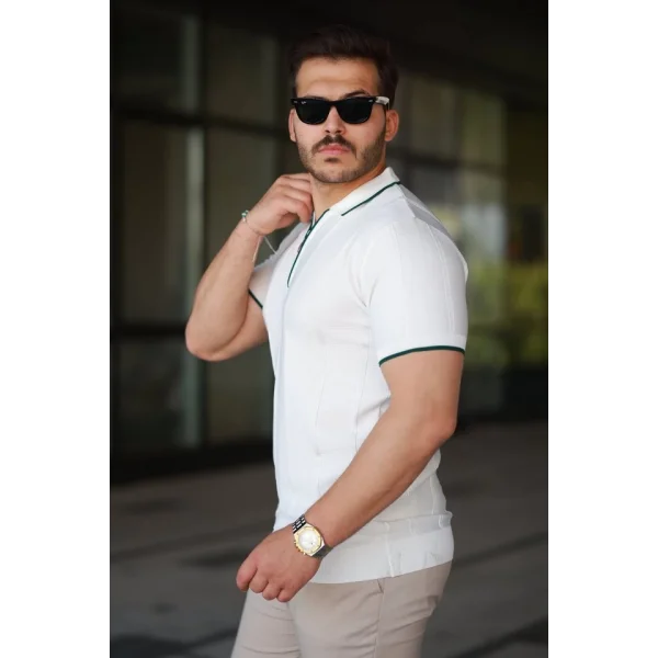 Erkek Dikey Kabartmalı Örgü Dokulu Fermuar Yakalı Tişört