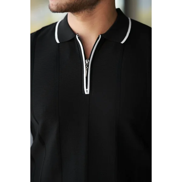 Erkek Dikey Kabartmalı Örgü Dokulu Fermuar Yakalı Tişört