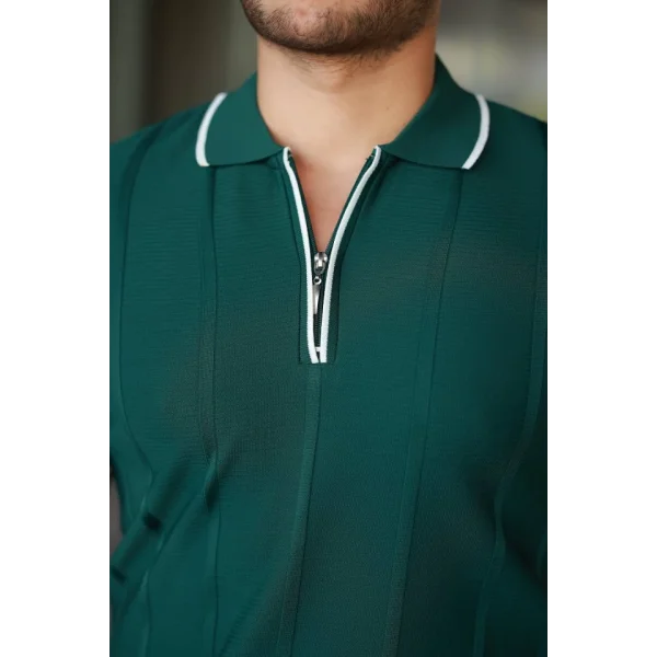 Erkek Dikey Kabartmalı Örgü Dokulu Fermuar Yakalı Tişört