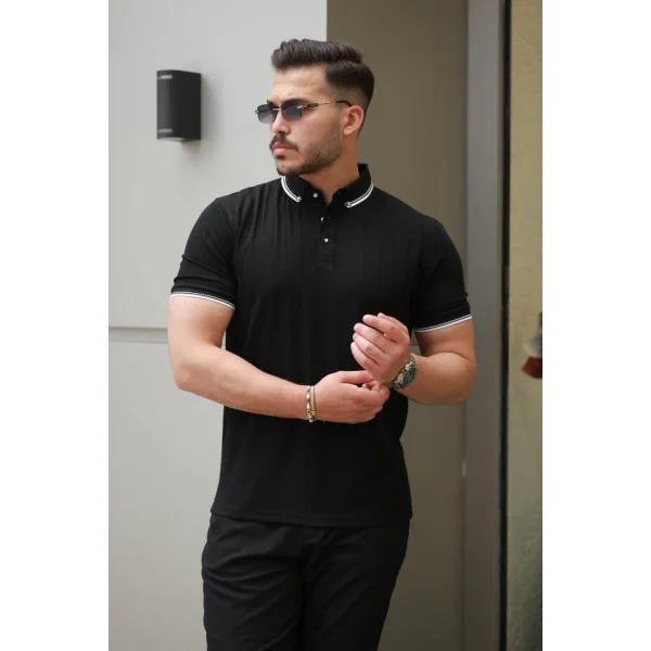 Erkek Düğme Yakalı Jakar Kumaş Kısa Kollu Tişört