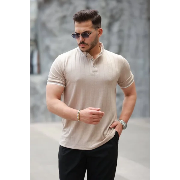 Erkek Düğme Yakalı Jakar Kumaş Kısa Kollu Tişört