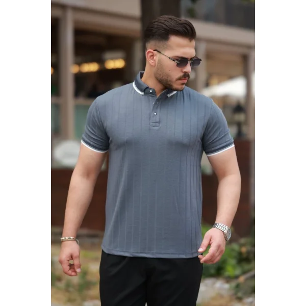 Erkek Düğme Yakalı Jakar Kumaş Kısa Kollu Tişört