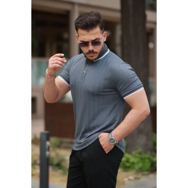 Erkek Düğme Yakalı Jakar Kumaş Kısa Kollu Tişört