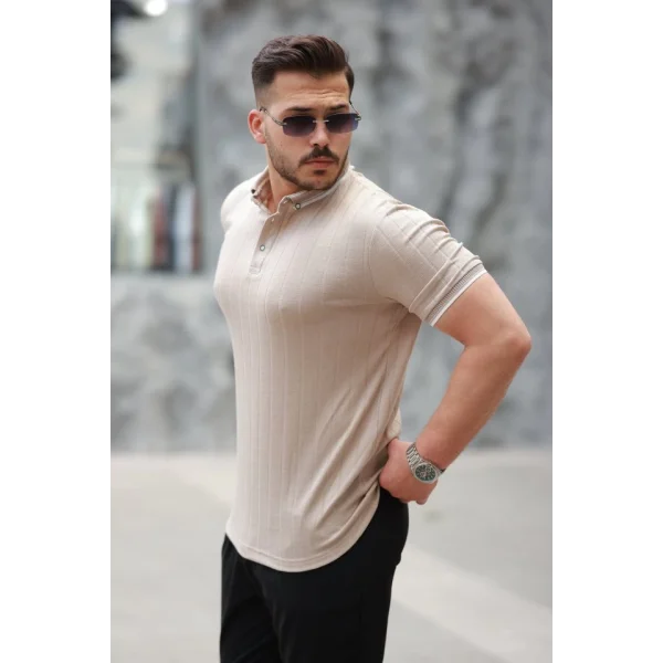 Erkek Düğme Yakalı Jakar Kumaş Kısa Kollu Tişört