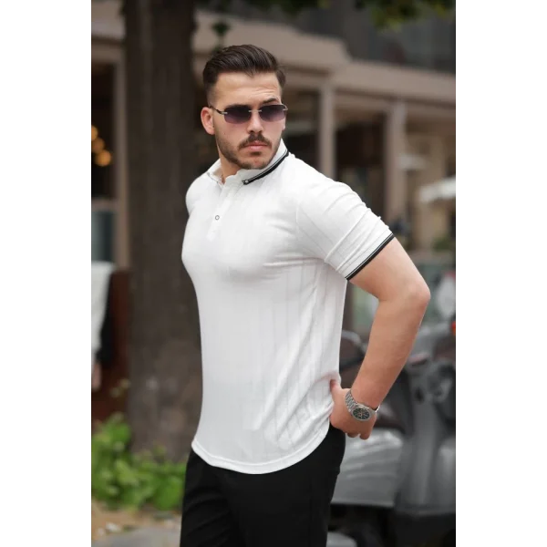 Erkek Düğme Yakalı Jakar Kumaş Kısa Kollu Tişört