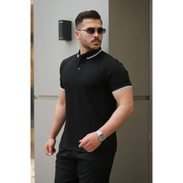 Erkek Düğme Yakalı Jakar Kumaş Kısa Kollu Tişört