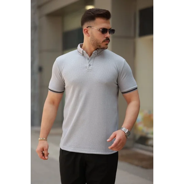 Erkek Düğmeli Yaka Waffle Kumaş Kısa Kollu Tişört