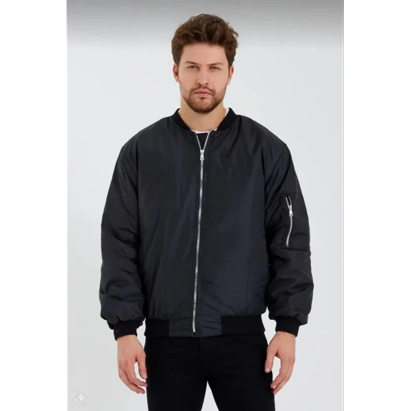 Unisex Siyah Bomber Mont – Su İtici Kumaş, Kapitone Astarlı, Fermuarlı ve Günlük Kullanıma Uygun Ceket- Siyah