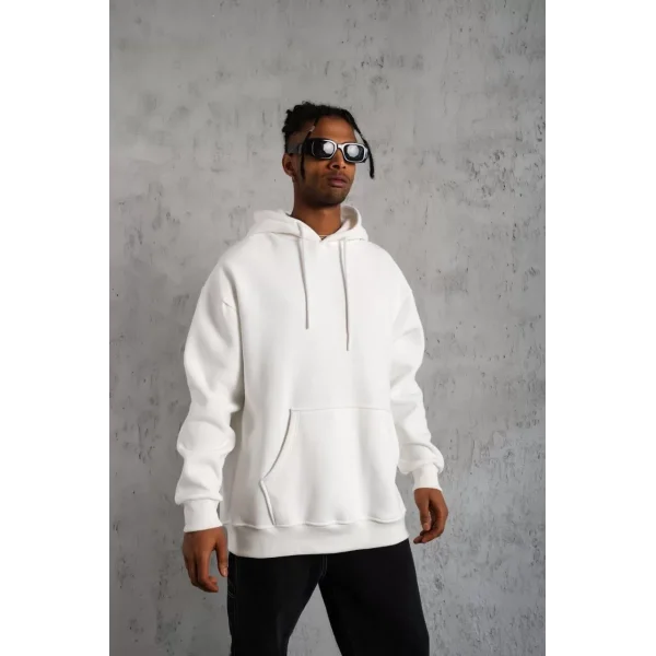 Erkek Düz Kapüşonlu Sweat - Beyaz