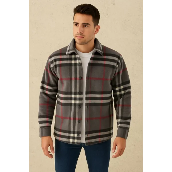 Erkek Ekose Desenli Düğmeli Polar Yakalı Uzun Kollu Gömlek Oversize Rahat Kalıp - Füme