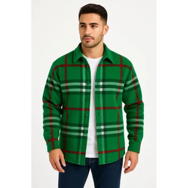 Erkek Ekose Desenli Düğmeli Polar Yakalı Uzun Kollu Gömlek Oversize Rahat Kalıp - Yeşil
