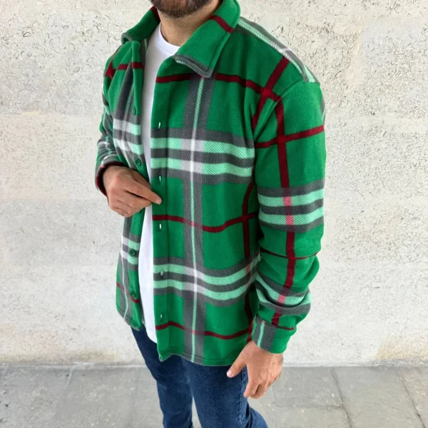 Erkek Ekose Desenli Düğmeli Polar Yakalı Uzun Kollu Gömlek Oversize Rahat Kalıp - Yeşil