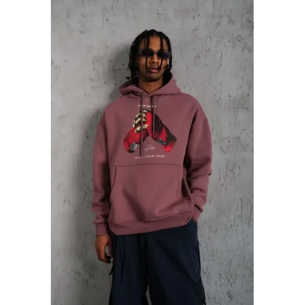 Erkek Eldiven Baskılı Kapüşonlu Sweat - Gül Kurusu