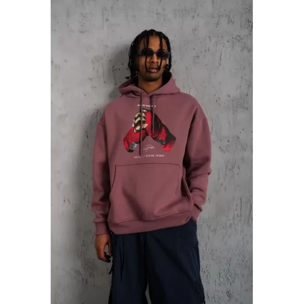 Erkek Eldiven Baskılı Kapüşonlu Sweat - Gül Kurusu