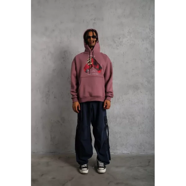 Erkek Eldiven Baskılı Kapüşonlu Sweat - Gül Kurusu