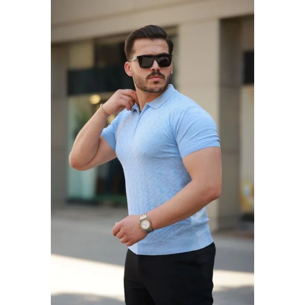 Erkek Fermuar Yakalı Baklava Desen Kısa Kollu Gömlek