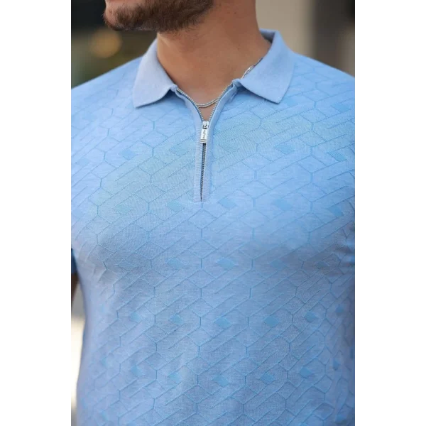 Erkek Fermuar Yakalı Baklava Desen Kısa Kollu Gömlek