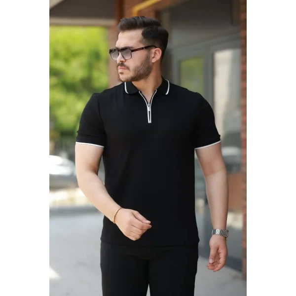 Erkek Fermuar Yakalı çizgi Detaylı Oysho Kumaş Kısa Kollu Tişört