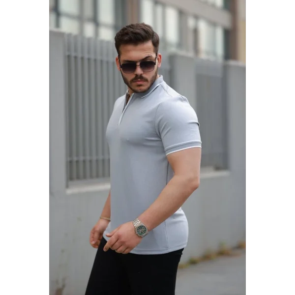 Erkek Fermuar Yakalı çizgi Detaylı Oysho Kumaş Kısa Kollu Tişört