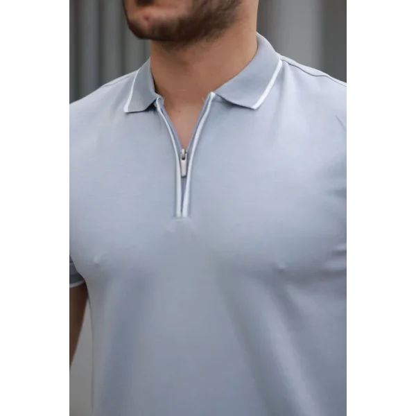 Erkek Fermuar Yakalı çizgi Detaylı Oysho Kumaş Kısa Kollu Tişört