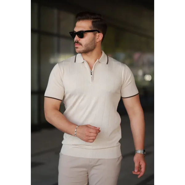 Erkek Fermuar Yakalı çizgi Dokulu Kısa Kollu Tişört