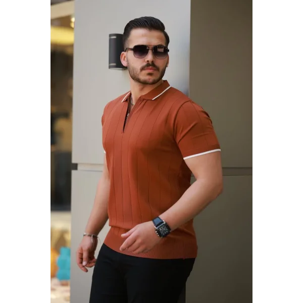 Erkek Fermuar Yakalı çizgi Dokulu Kısa Kollu Tişört