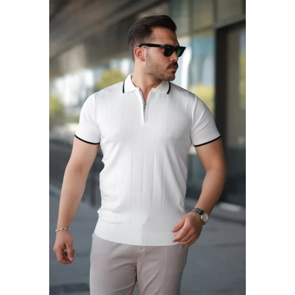 Erkek Fermuar Yakalı çizgi Dokulu Kısa Kollu Tişört