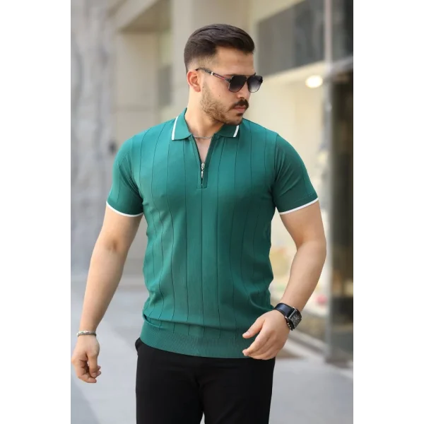 Erkek Fermuar Yakalı çizgi Dokulu Kısa Kollu Tişört