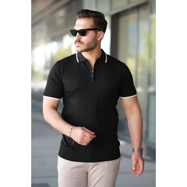 Erkek Fermuar Yakalı çizgi Dokulu Kısa Kollu Tişört