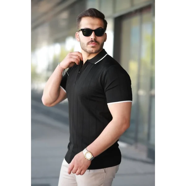 Erkek Fermuar Yakalı çizgi Dokulu Kısa Kollu Tişört