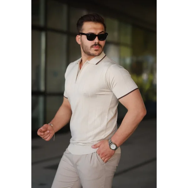 Erkek Fermuar Yakalı çizgi Dokulu Kısa Kollu Tişört