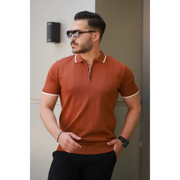 Erkek Fermuar Yakalı çizgi Dokulu Kısa Kollu Tişört